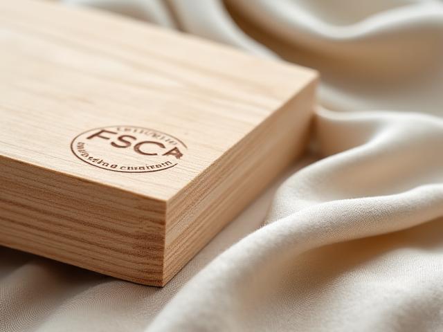 Primo piano su una pila di assi di legno grezzo certificate FSC, con un panno di lino organico srotolato affianco.