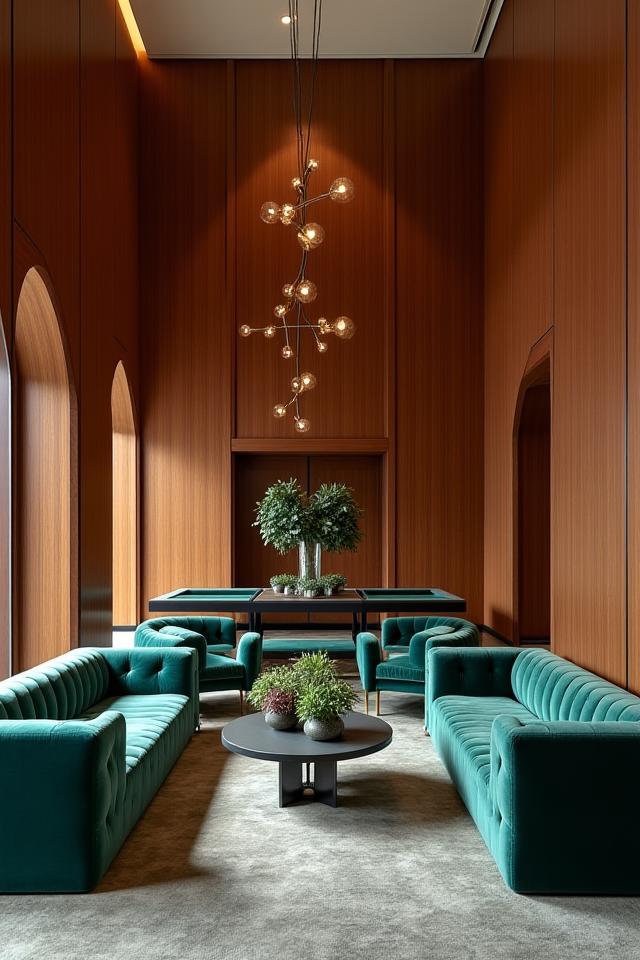 Lounge di lusso in hotel con pannellature in legno e divani in velluto, Roma