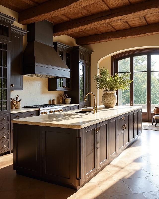 Cucina su misura in legno e marmo in una villa nel Chianti